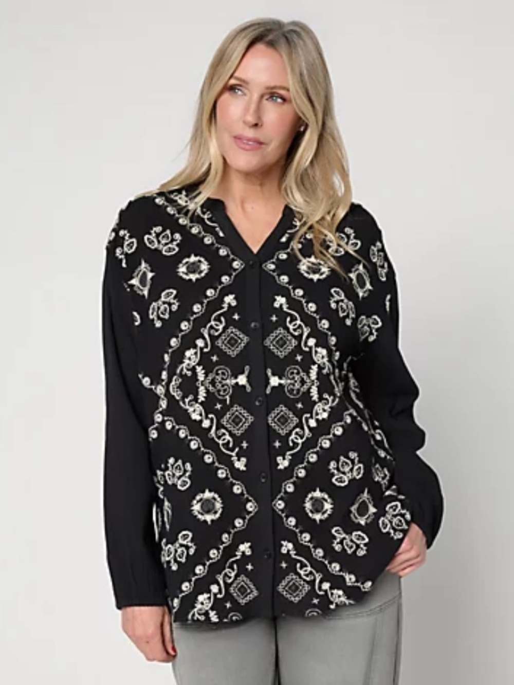 LOGO Lavish by Lori Goldstein Embroidered Button Front Split-V Blouse, Blk Sz XS